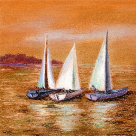 Yachts float on the sea, pastel on a cardboard